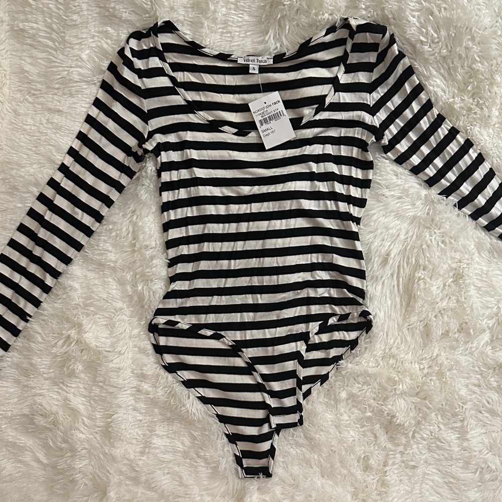 Velvet Torch Black and White Striped Bodysuit